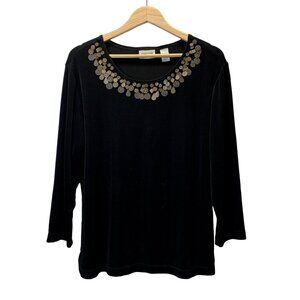 Chicos Womens Travelers Slinky Top 2 US L/12 Black 3/4 Sleeve Medallion Accents